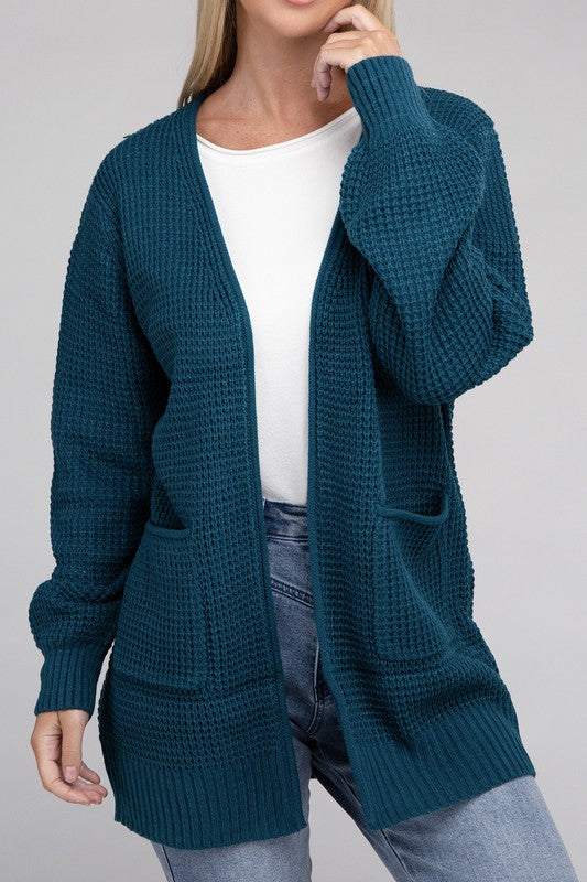 Women Low Gauge Waffle Open Cardigan Sweater | Zarnesh