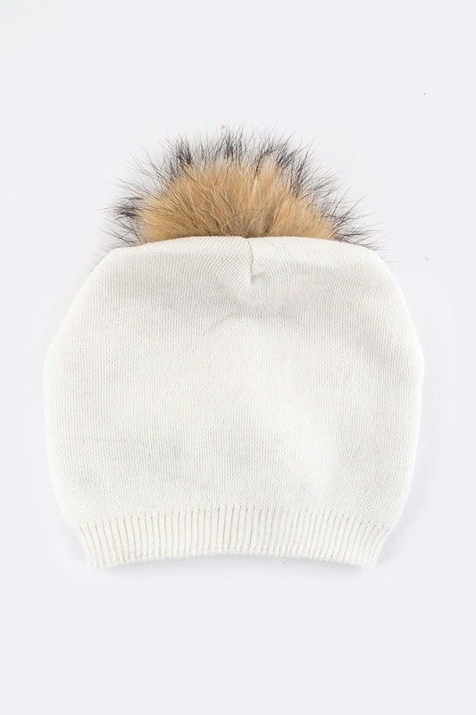 Women Raccoon Fur PomPom Pre-Sewed Slouchy Beanie | Zarnesh