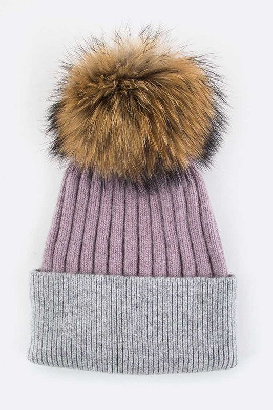 Women Raccoon Fur PomPom 2 Tone Beanie | Zarnesh