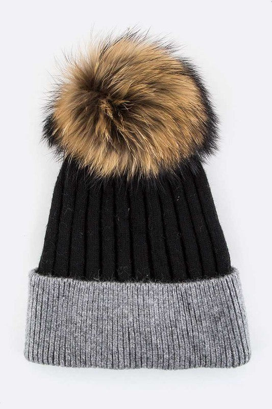 Women Raccoon Fur PomPom 2 Tone Beanie | Zarnesh