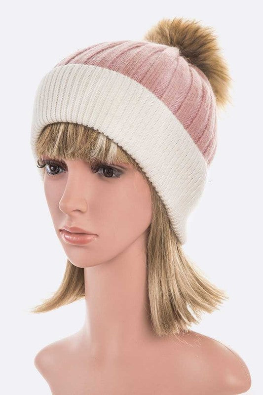 Women Raccoon Fur PomPom 2 Tone Beanie | Zarnesh