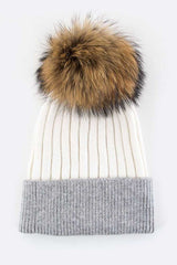 Women Raccoon Fur PomPom 2 Tone Beanie | Zarnesh