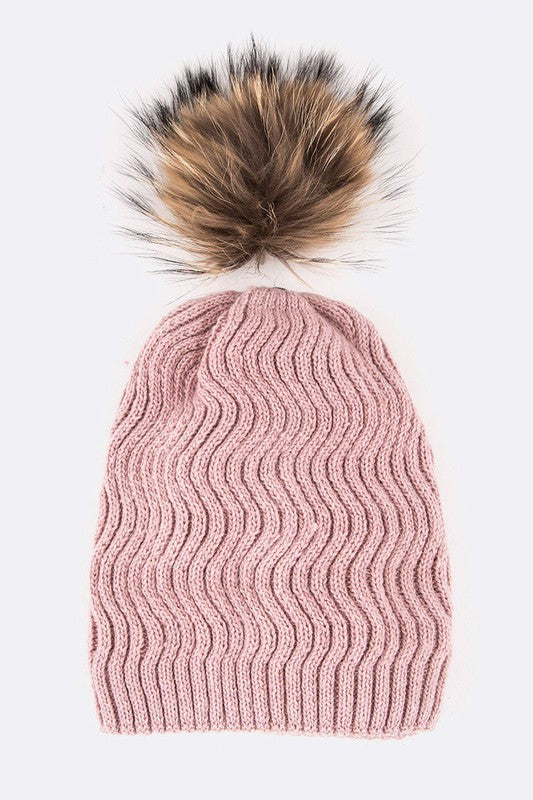 Women Raccoon Fur PomPom Chevron Knit Beanie | Zarnesh