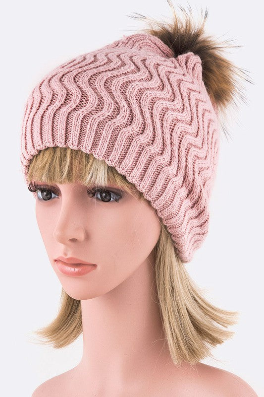 Women Raccoon Fur PomPom Chevron Knit Beanie | Zarnesh