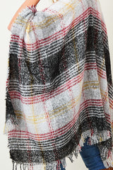 Women Multi Color Plaid Fringe Trim Poncho Shawl | Zarnesh