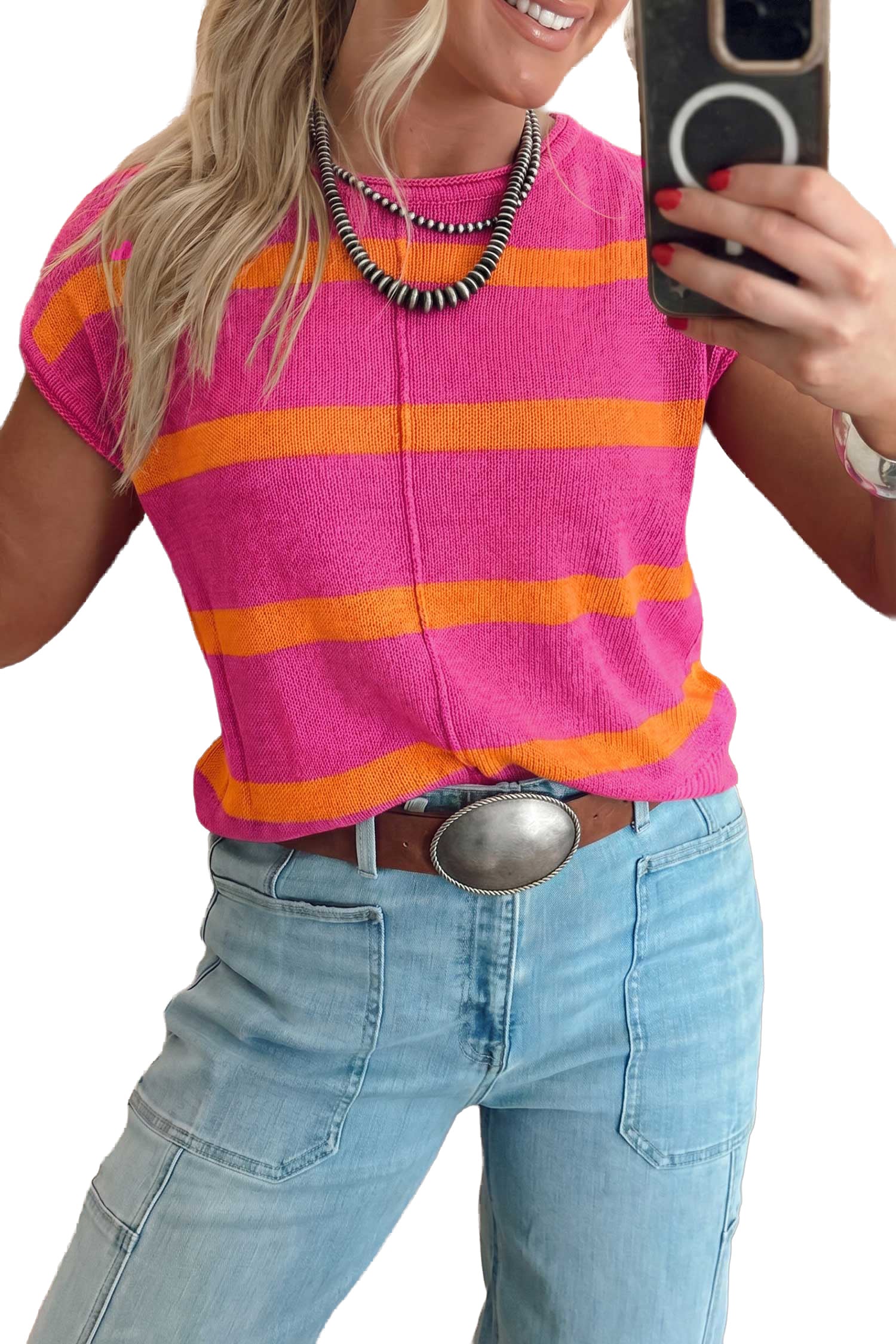 Striped Western Short Sleeve Knit Sweater | Zarnesh