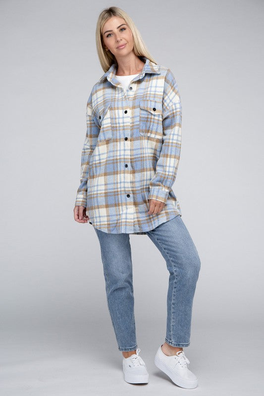 Women Plaid Dropped Shoulder Buttons Flap Pocket Shacket Zarnesh