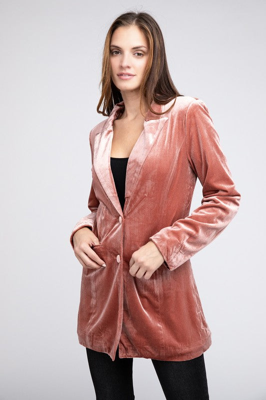 Women Shiny Velvet Peak Lapel Single Blazer | Zarnesh