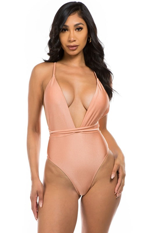 Women Halter Neck Crisscross Straps One Piece Bathing Suit Zarnesh