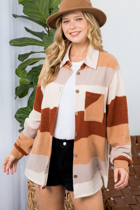 Women Plus Fuzzy Stripe Button Down Shacket | Zarnesh