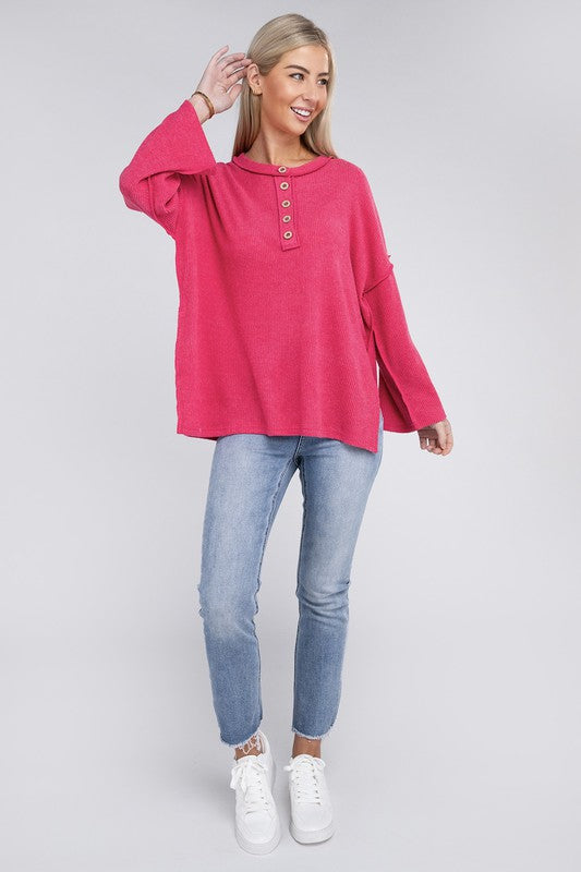 Women Ribbed Brushed Melange Hacci Henley Sweater | Zarnesh