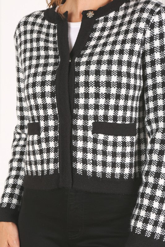 Women Black Check Knitted Jacket | Zarnesh