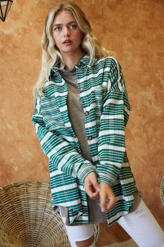 Women Stripe Collar Chest Pockets Button Down Long Sleeve Shacket Zarnesh