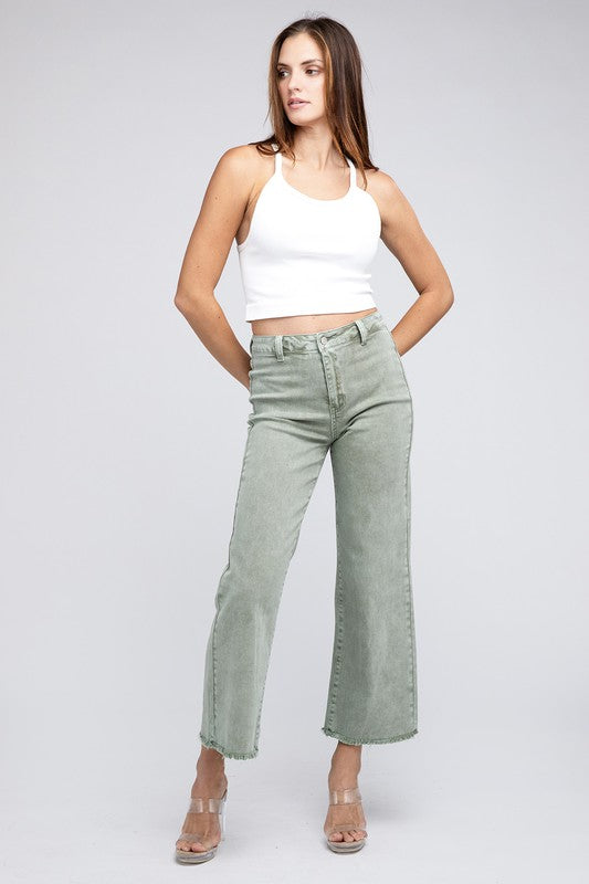 WOMEN'S Acid Wash Frayed Cutoff Hem Straight Wide Pants | ZARNESH