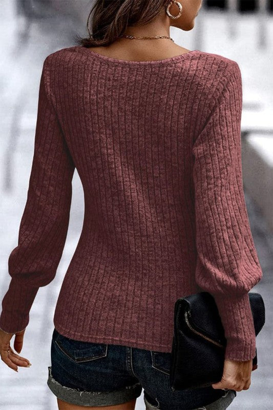 Women’s Mabel Ribbed Bishop Sleeve Round Neck Top | Zarnesh