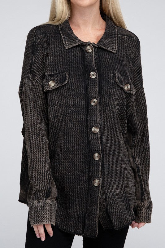 Women Acid Wash  Front Button Oversized Cotton Waffle Shacket Zarnesh 