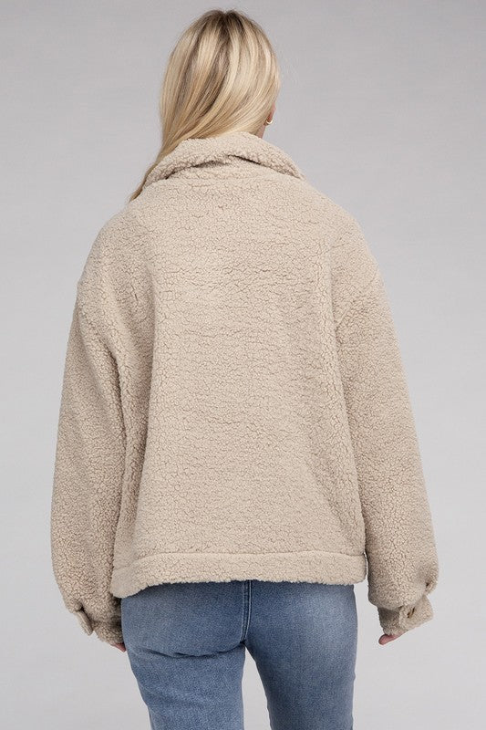 Women Cozy Long Sleeve Sherpa Button-Front Jacket | Zarnesh