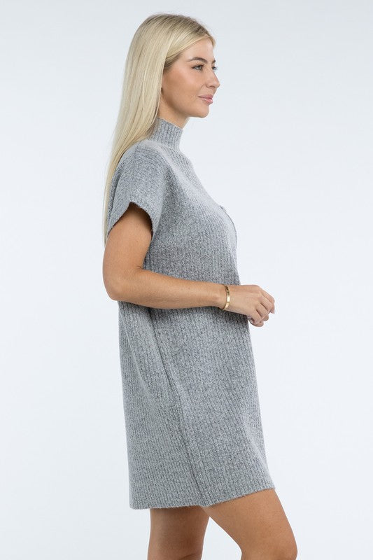 Women’s Mock Neck Short Sleeve Sweater Dress with Pocket | Zarnesh