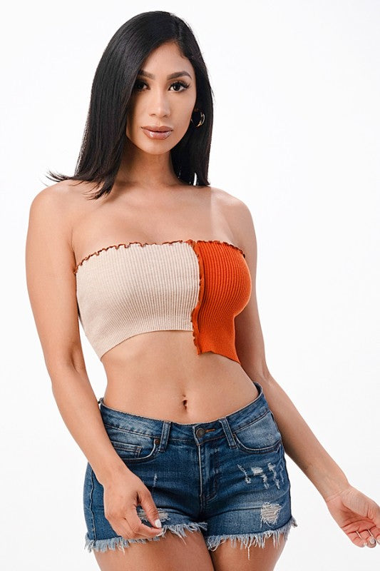 Women Asymmetric Contrast Tube Edge Knit Crop Top | Zarnesh