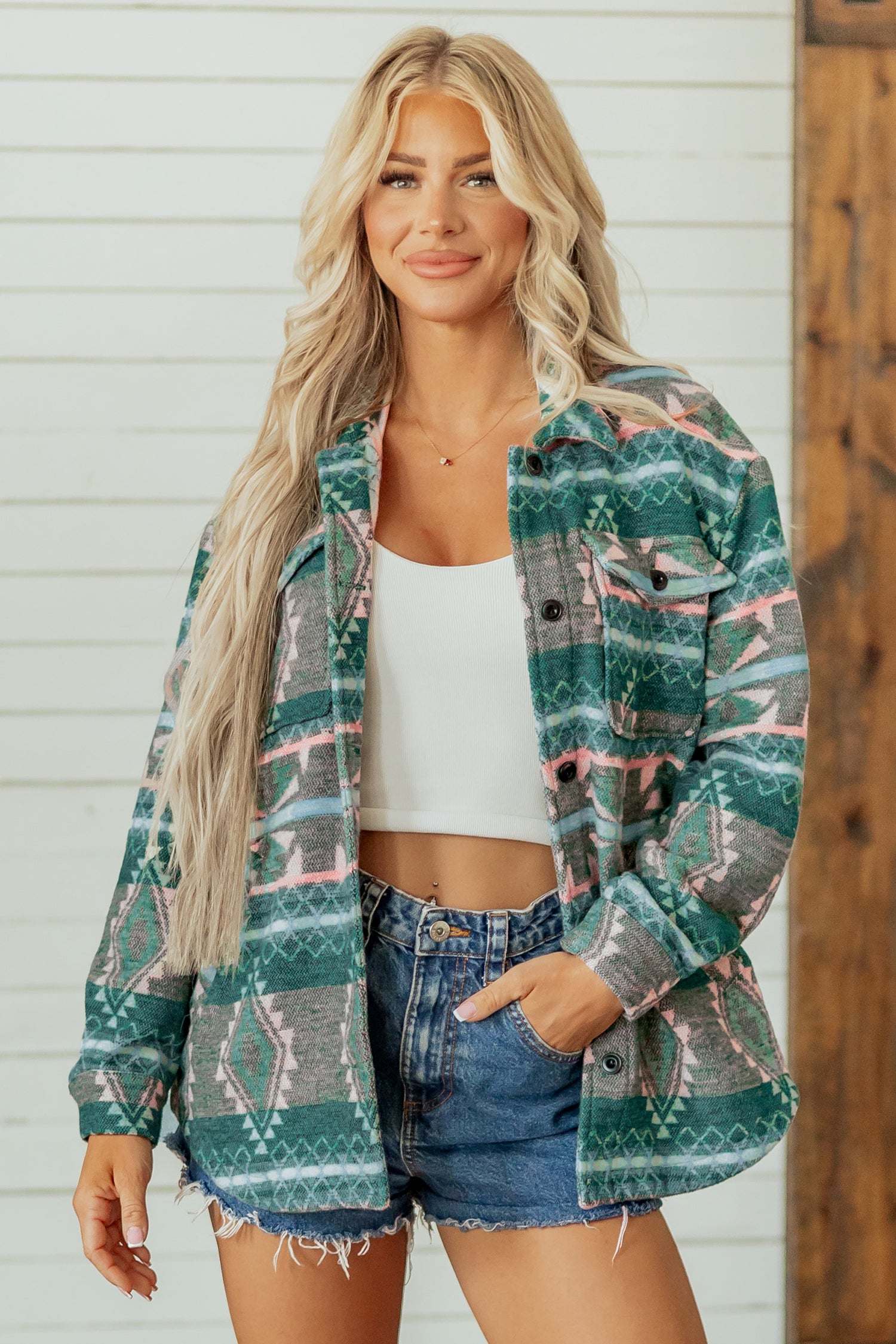 Aztec Geometric Print Button Front Shacket | Zarnesh