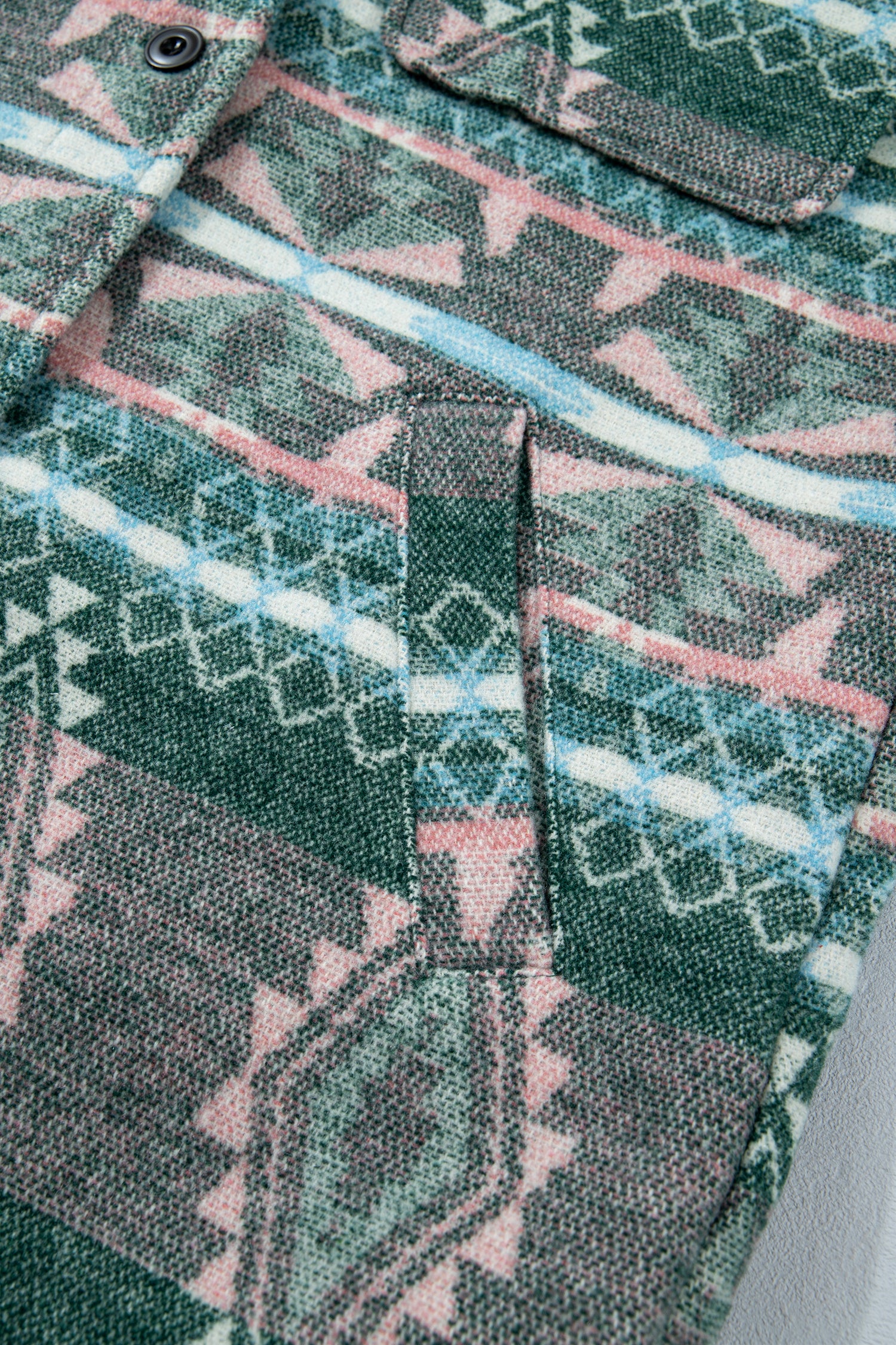 Close-up of a patterned woven garment, likely a shirt or jacket, showing a button, collar, chest pocket flap, and vertical tab with a geometric Fair Isle-style print in dark green, pink, white, and light blue.