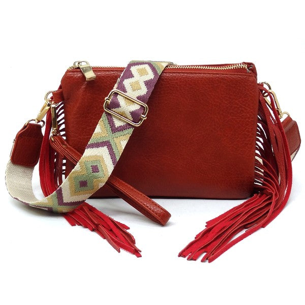 Women Aztec Guitar Strap Fringe Clutch Crossbody Bag Zarnesh