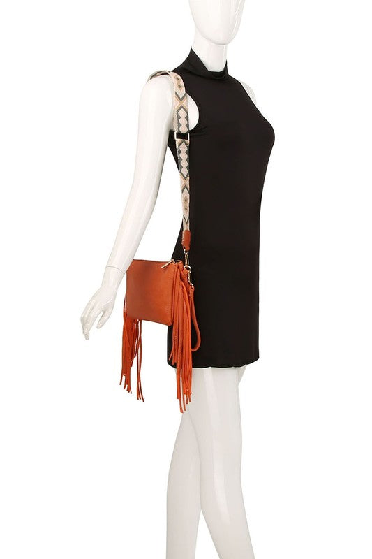 Women Aztec Guitar Strap Fringe Clutch Crossbody Bag Zarnesh