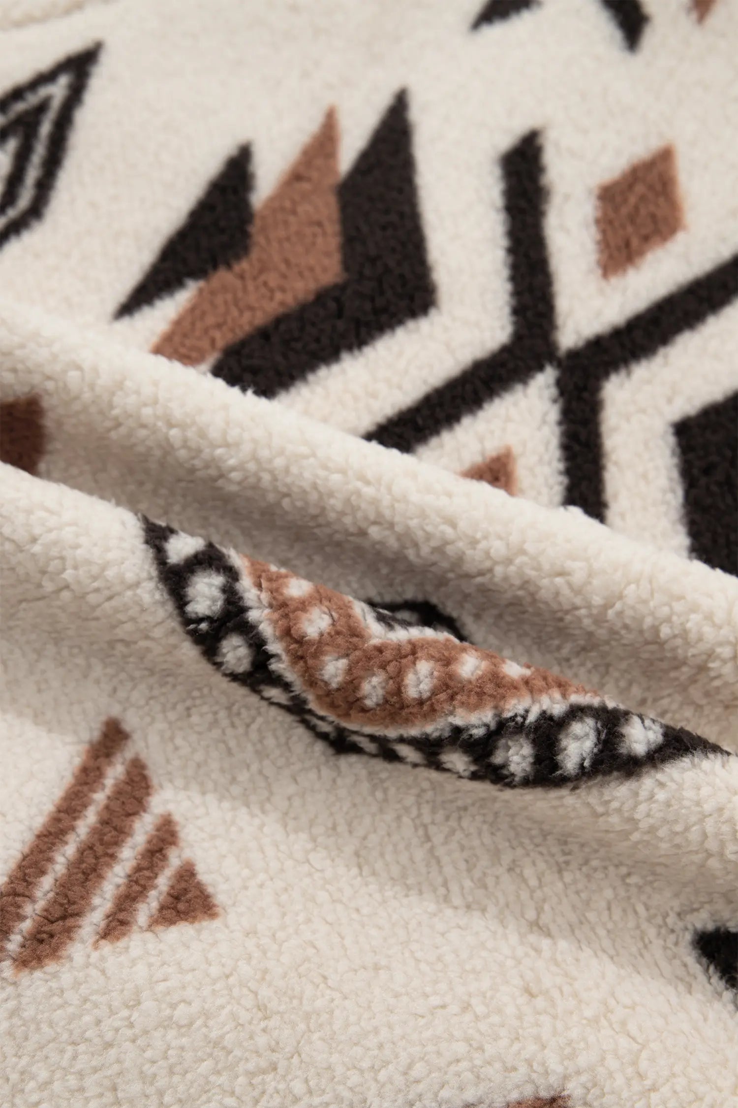 Close-up of a sherpa fleece blanket with a geometric Southwestern pattern in black, brown, and white.