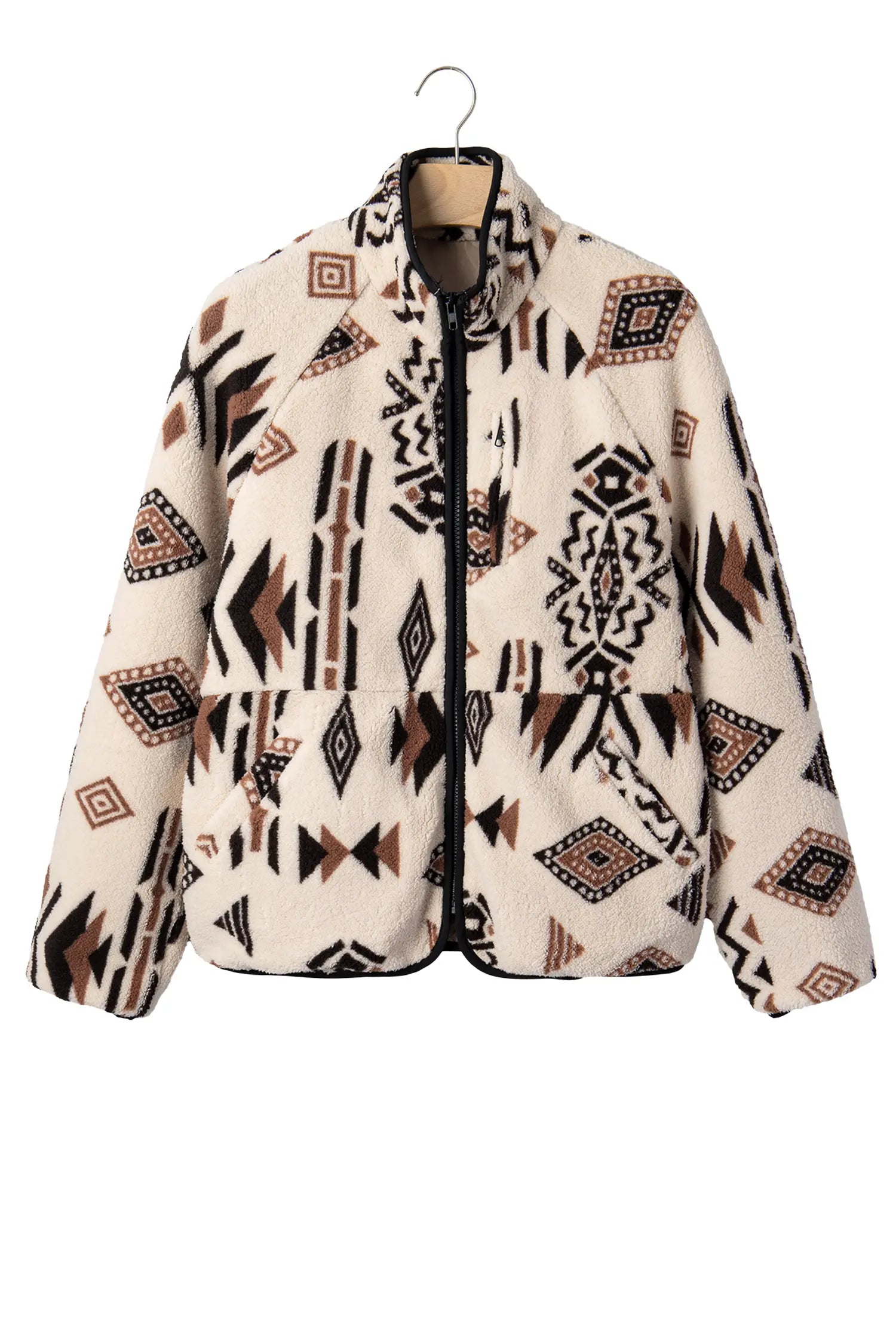 A fleece zip-up jacket with a Southwestern geometric pattern in black, brown, and beige, hanging on a black hanger against a white background.