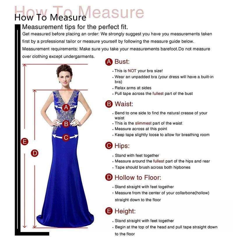 Measurement guide for a dress with labeled parts and instructions on how to take measurements.