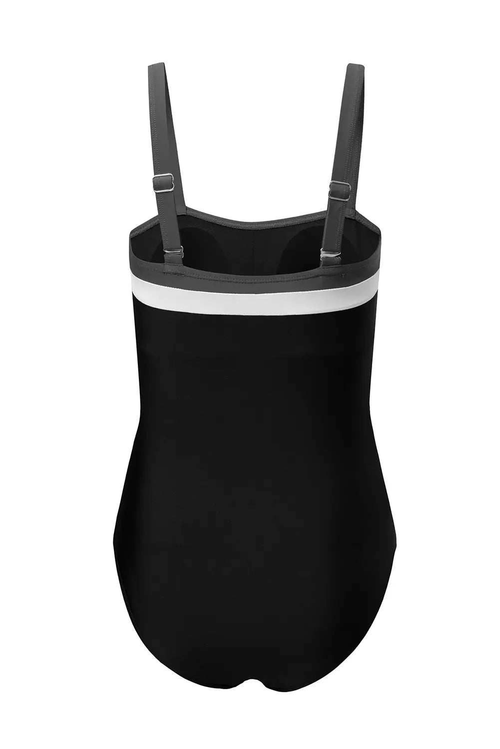 Black swimsuit with white trim on a white background