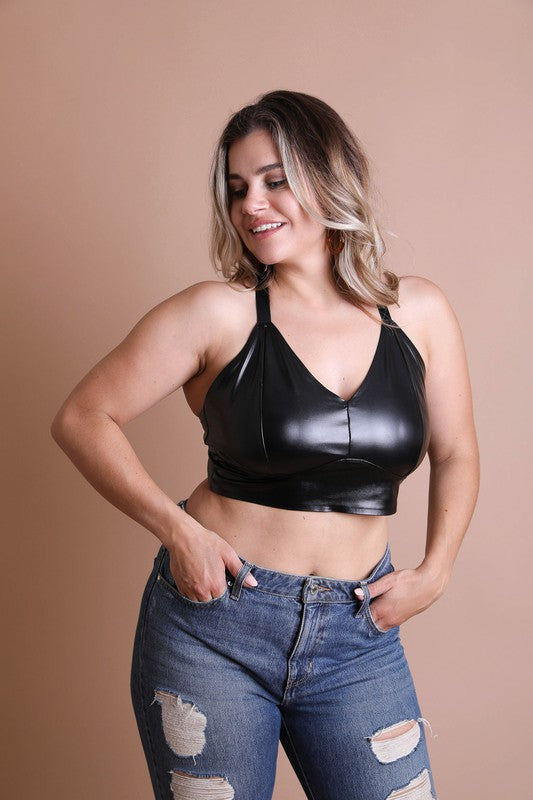 Women Plus Faux Leather Eye Hook And Closure Longline Bralette Zarnesh
