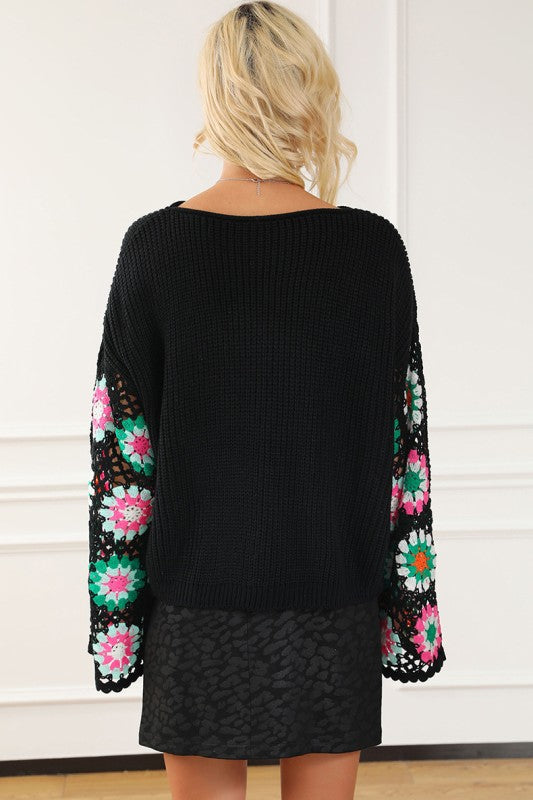Women’s Floral Crochet Bell Sleeve Loose Pullover Sweater | Zarnesh