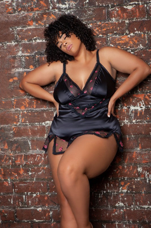 Women's Plus Katherine Satin Sheer Lace Babydoll Lingerie | Zarnesh