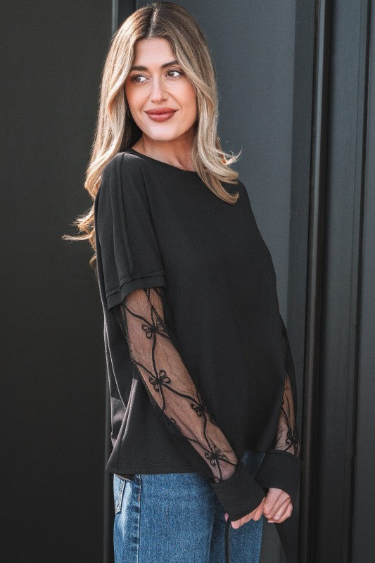 Women’s Solid Pastel Mesh Bow Patchwork Long Sleeve T-Shirt | Zarnesh