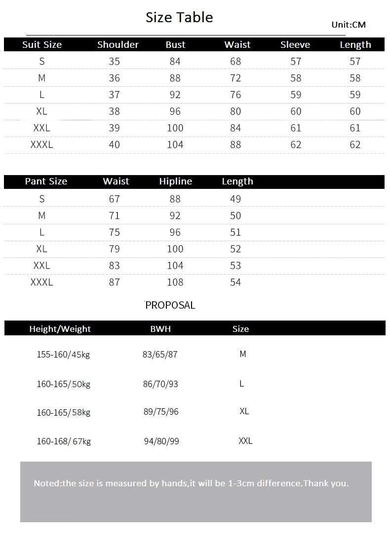 Size chart for suits and pants with measurements in centimeters
