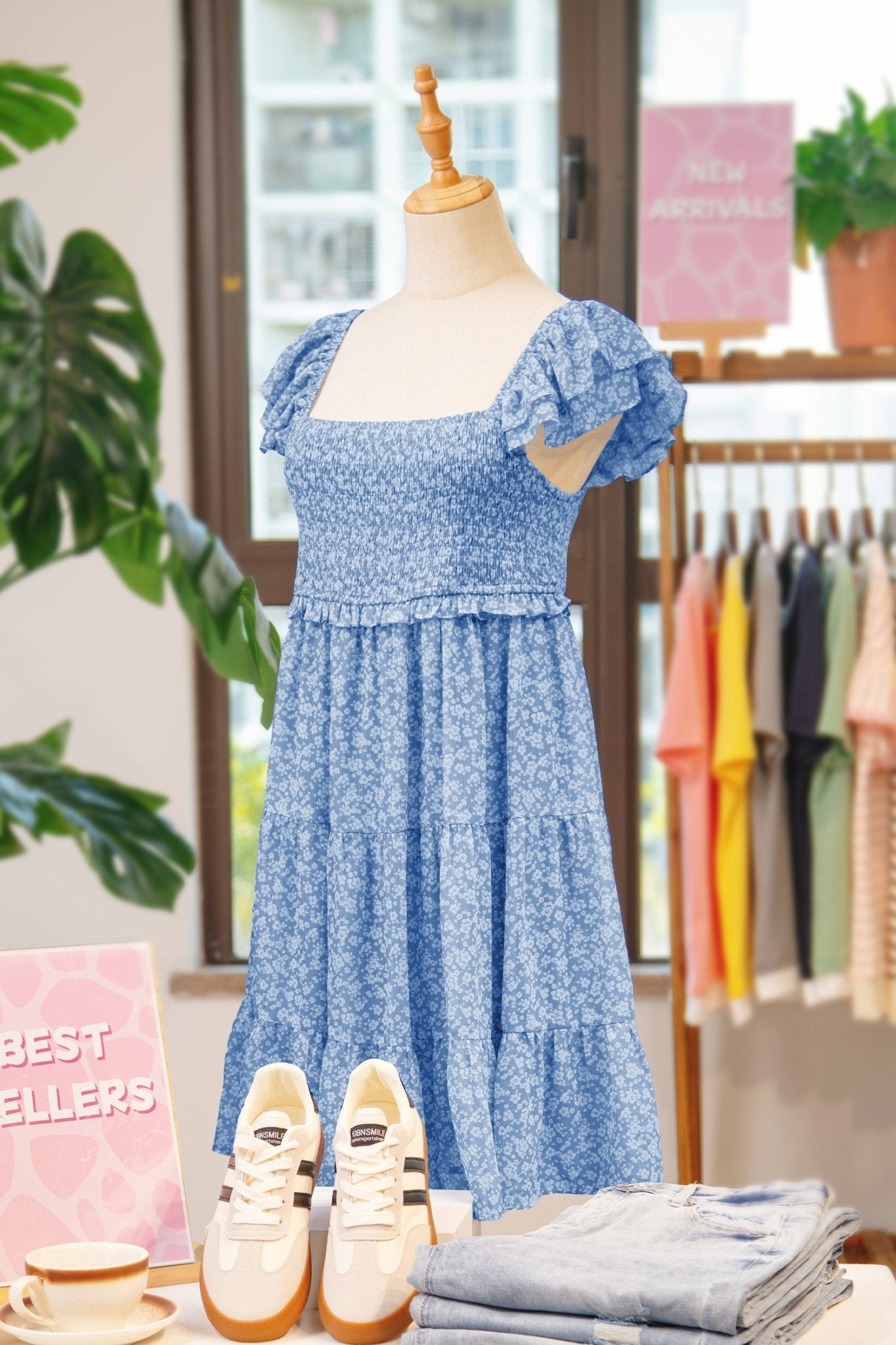 Blue floral dress on a mannequin with sneakers and folded clothes in a store setting