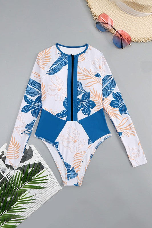 Women Blue Tropical Long Sleeve One Piece Surfing Swimsuit | Zarnesh

