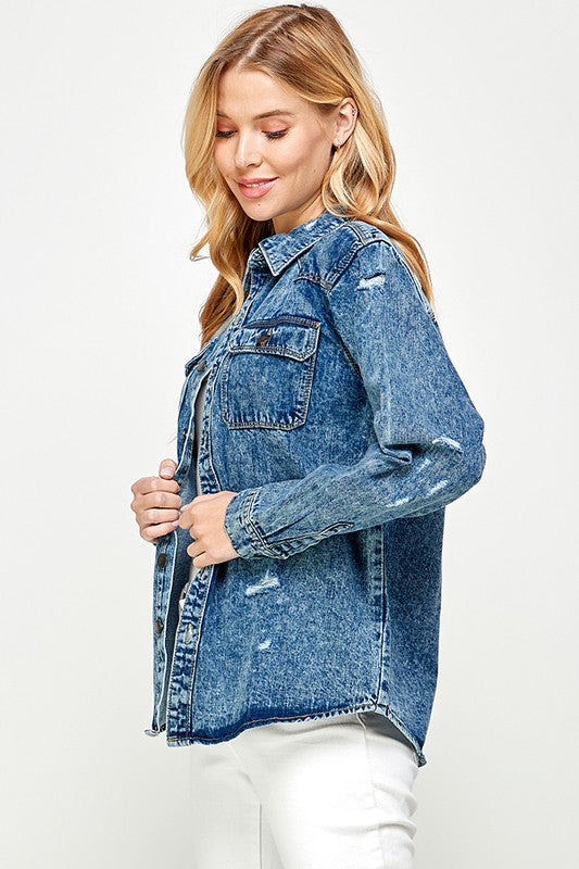 Women’s Button-Up Distressed Denim Shirt Jacket | Zarnesh