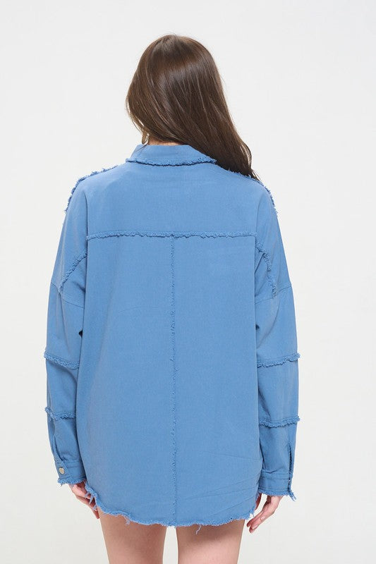 Women’s Denim Patchwork Frayed Hem Button Down Top | Zarnesh