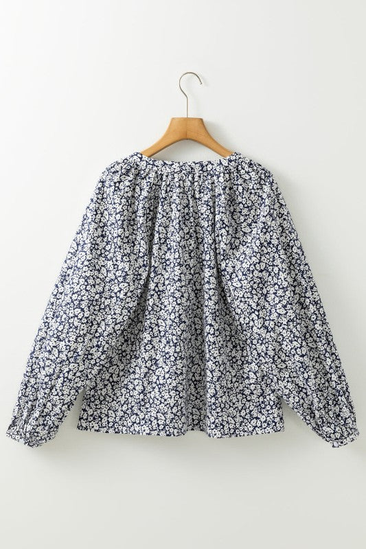 Women’s Floral Long Puff Sleeve V-Neck Blouse  | Zarnesh