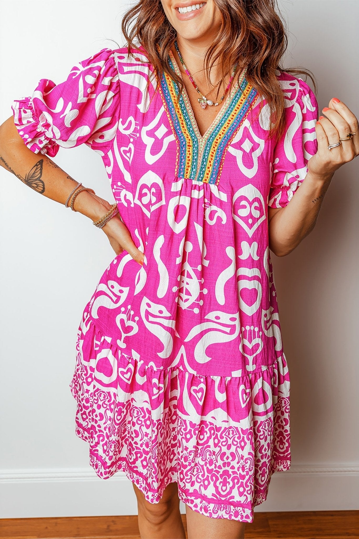 Boho Mixed Print V-Neck Contrast Trim Mini Dress | Zarnesh