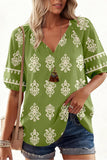 Boho Notched V-Neck Damask print Top | Zarnesh