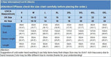 Size chart for clothing measurements with a blue border