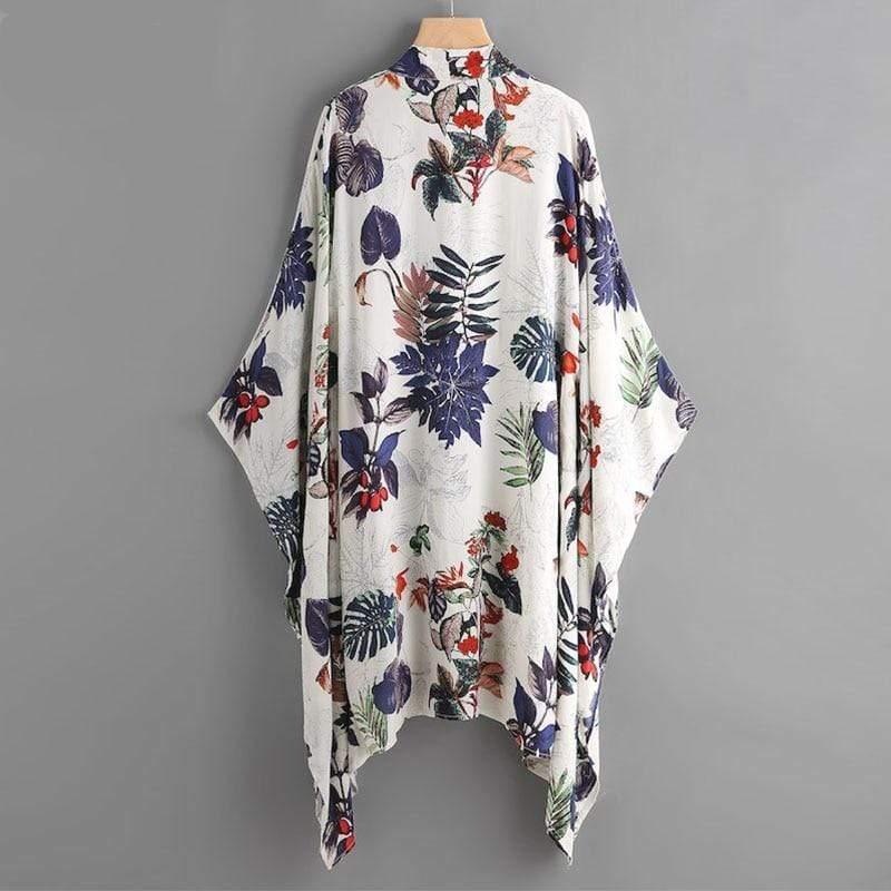 Floral patterned kimono-style garment on a gray background