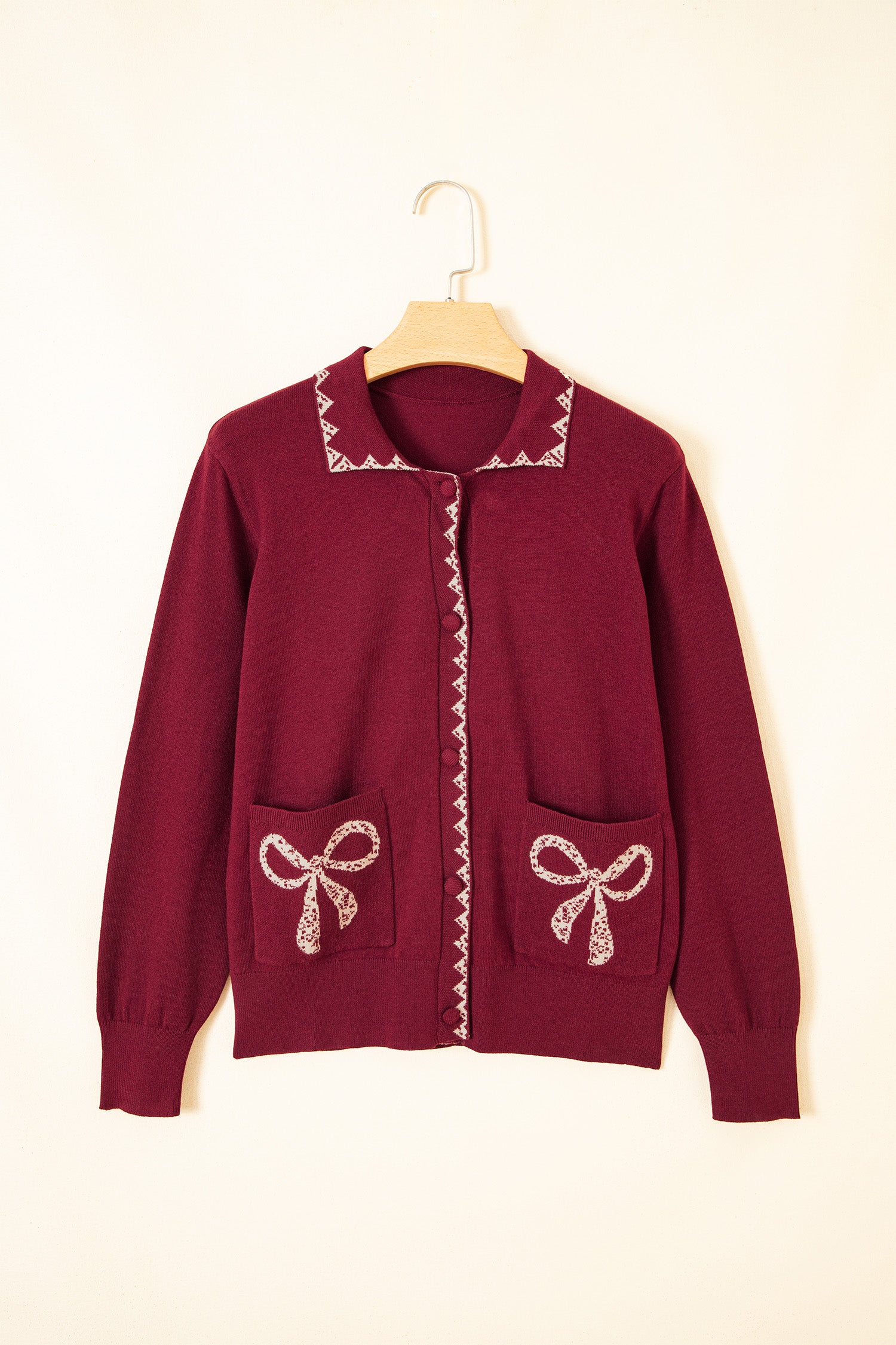 Bow Collar Pocket Knit Long Sleeve Cardigan | Zarnesh