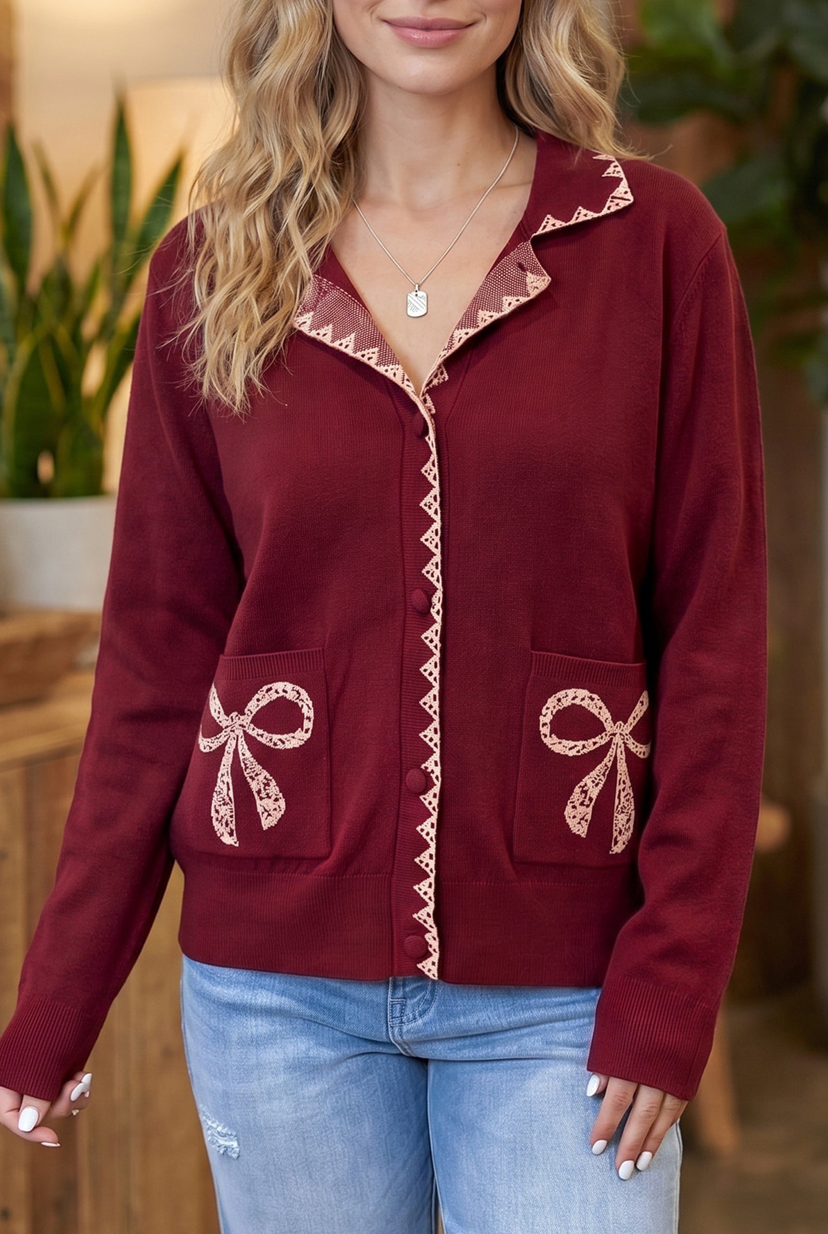 Bow Collar Pocket Knit Long Sleeve Cardigan | Zarnesh