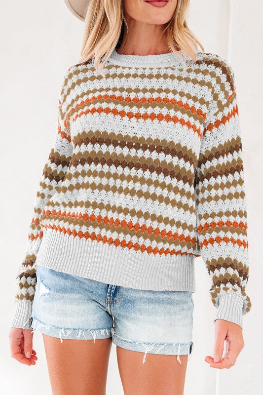 Women’s Eyelet Striped Pullover Knit Drop Shoulder Sweater | Zarnesh