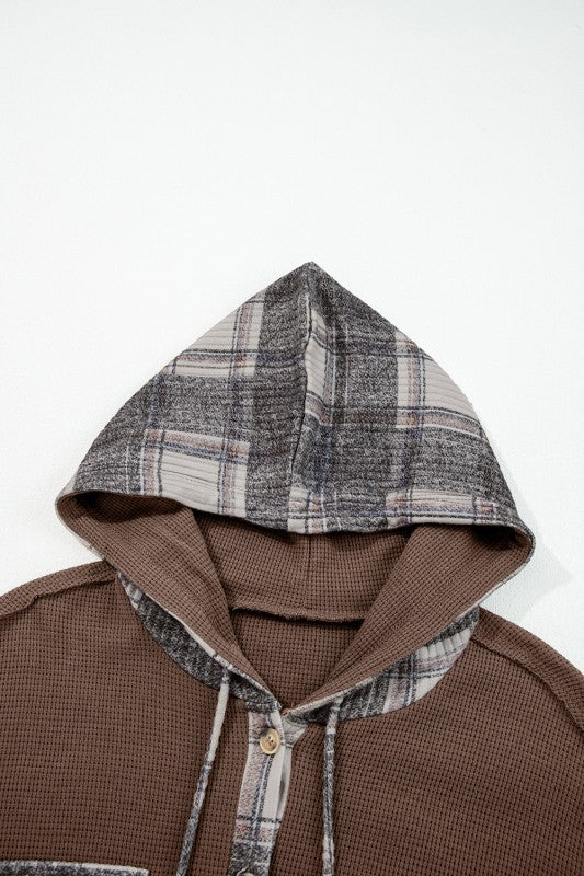 Women’s Waffle Patchwork Plaid Button-Up Hooded Shacket | Zarnesh