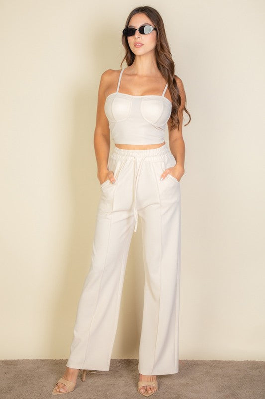 Women Soft  Bustier Crop Cami Top Slant Pocket Straight Pants Zarnesh
